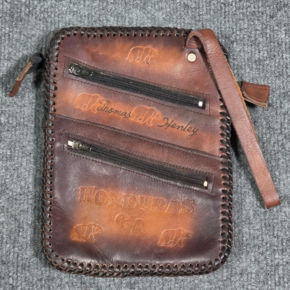 Handmade Leather Wristlet Honduras CA Embossed Bear‎ Souvenir Bag Brown
